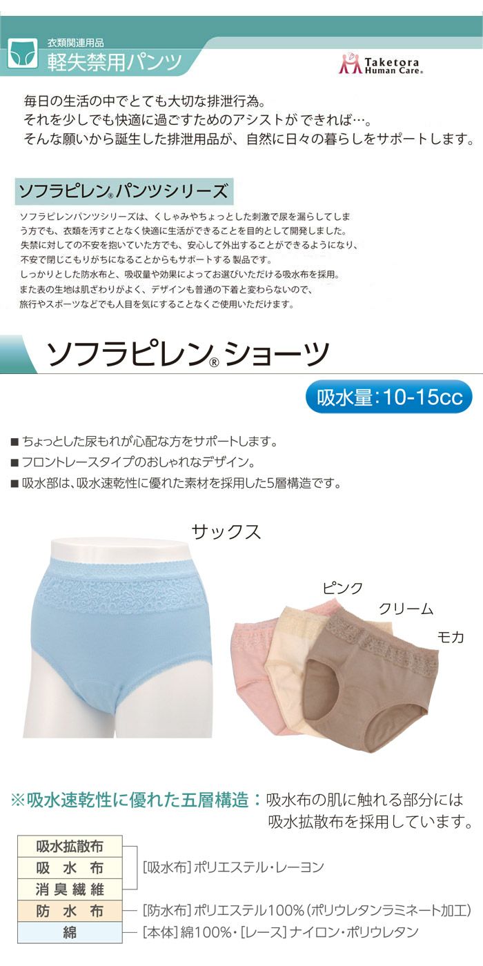 ソフラピレン 婦人用 失禁 ショーツ 給水 防水 カラフル お洒落 女性用 パンツ 肌着 下着 尿もれ