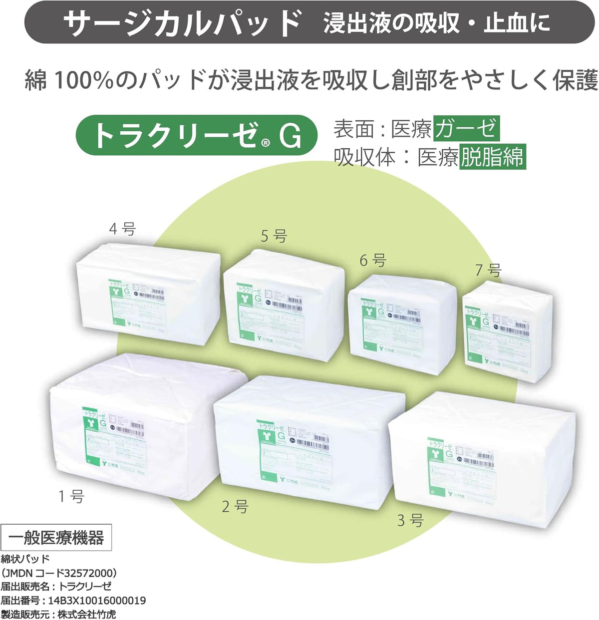 【竹虎/トラクリーゼ®G/医療用】サージカルパット　医療用　ガーゼ　脱脂綿　止血　浸出液の吸収　創傷ケア 創傷処置 1号 30×30cm 2号 20×30cm 3号 15×30cm 4号 15×15cm 5号 10×20cm 6号 10×10cm 7号 7.5×7.5cm